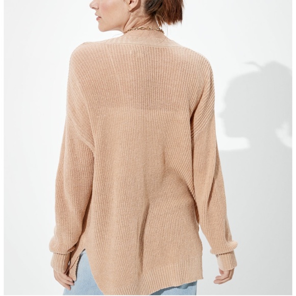 American Eagle Oversized Side Slit Button Up Cardigan - Tan - Picture 3 of 9